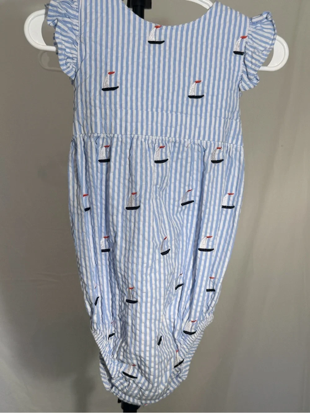 Classic Prep Children’s Wear Sailboat Seersucker Bubble Romper 12-18M